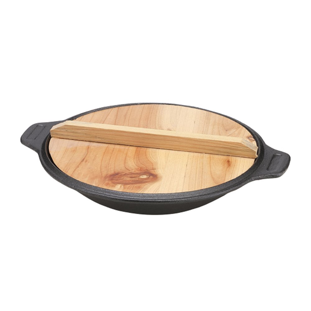 Iron Hot Pot Shallow Wooden Cover 30cm