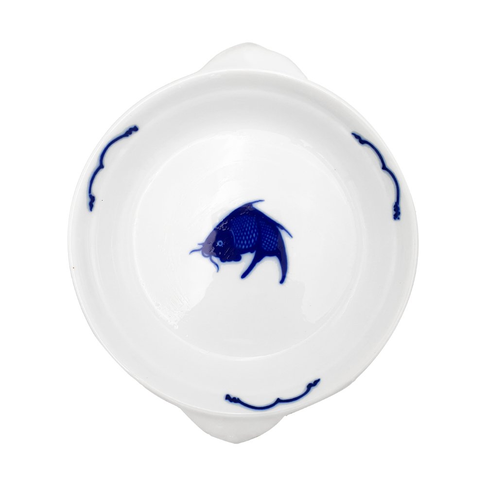 Crockery Dish with Handle Blue Carp 12"