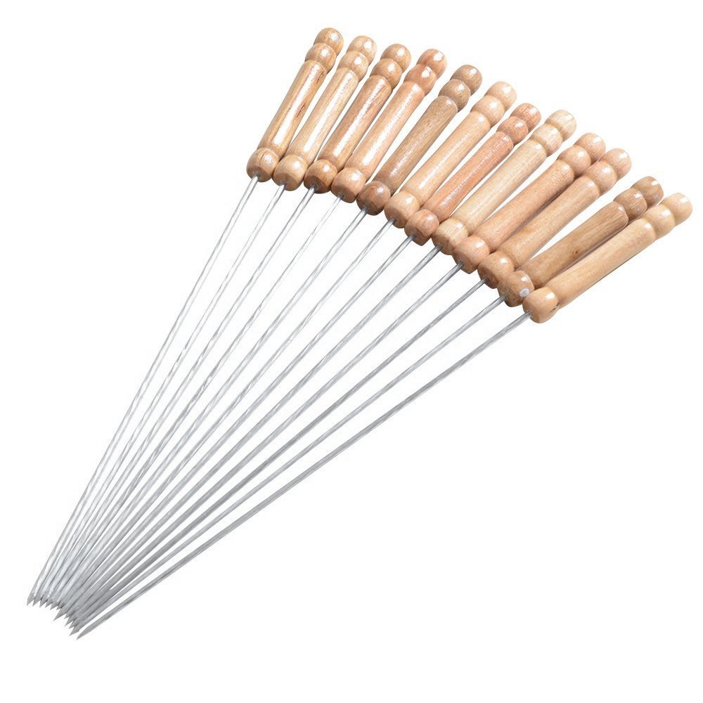 Stainless Steel BBQ Skewer with Wooden Handle 12pcs