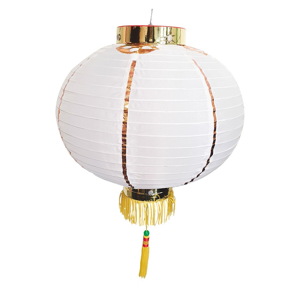 Decorative Silk Lantern Round White And Gold 8"