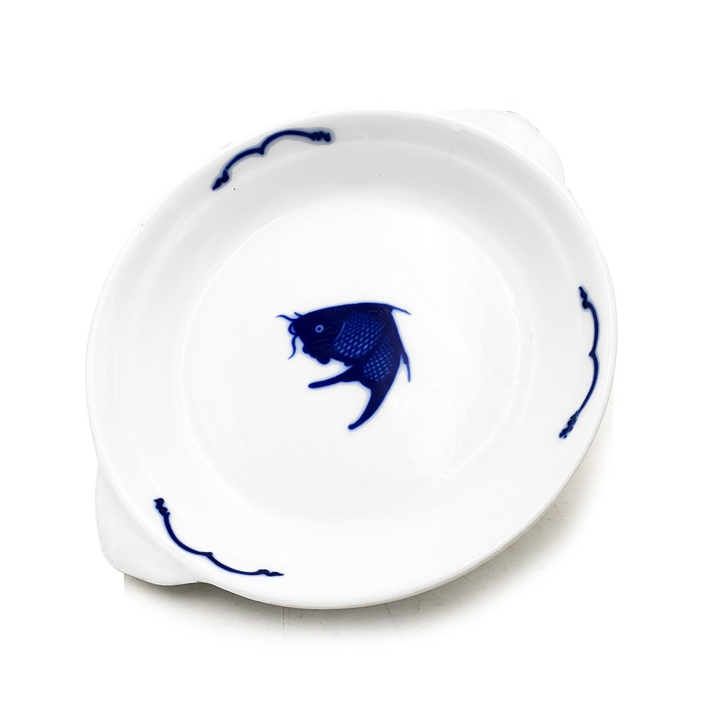 Crockery Dish with Handle Blue Carp 7"